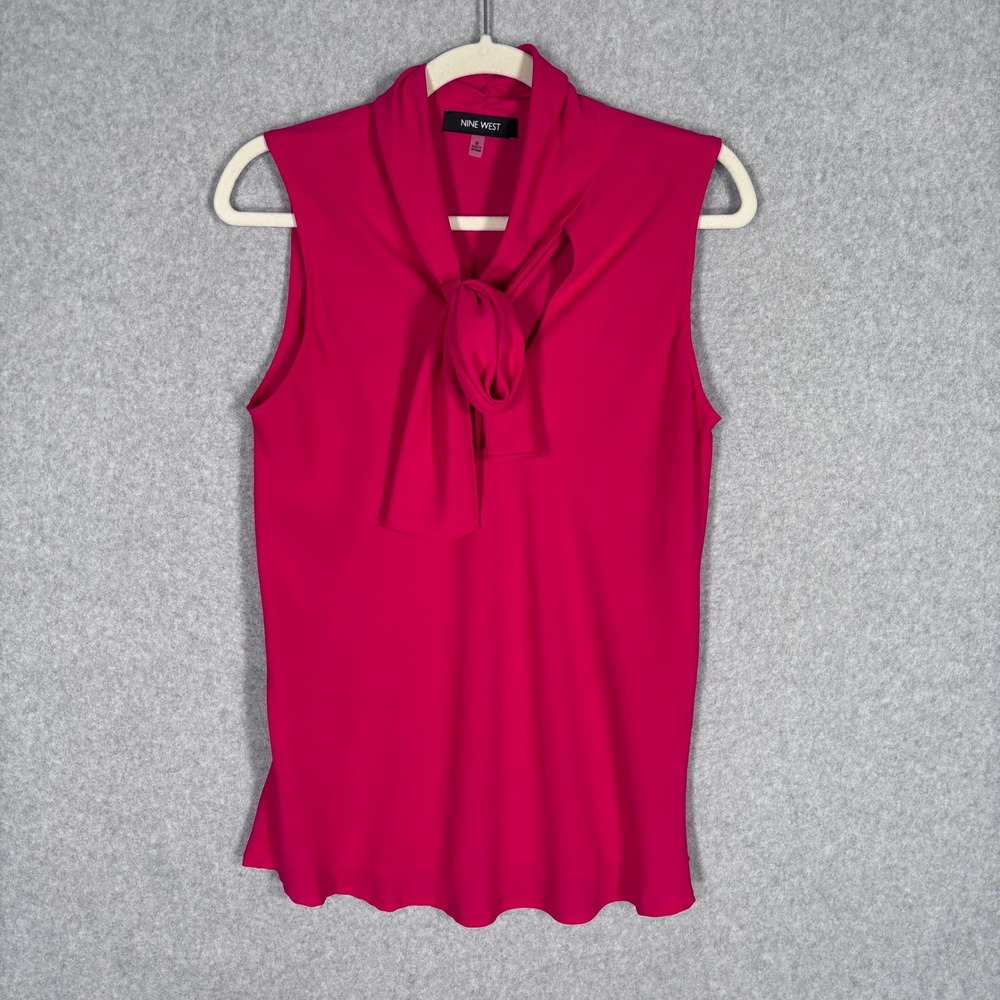 Nine‎ West Tie Neck Blouse Medium Magenta Pink Shell Tailored Glam Career Church